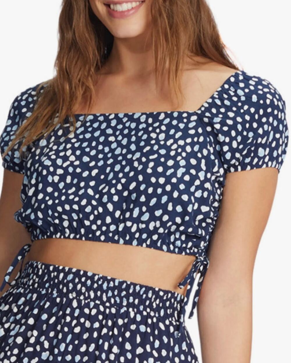 Roxy Dear Amor Dot Print Crop Top Blue White Size S Puff Sleeve Squareneck